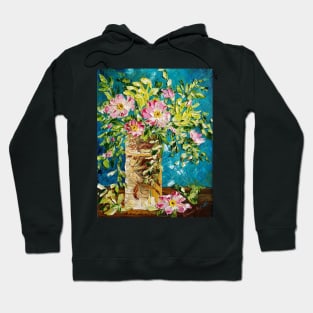 Pink Flowers in Boho Vase with Teal Background Hoodie